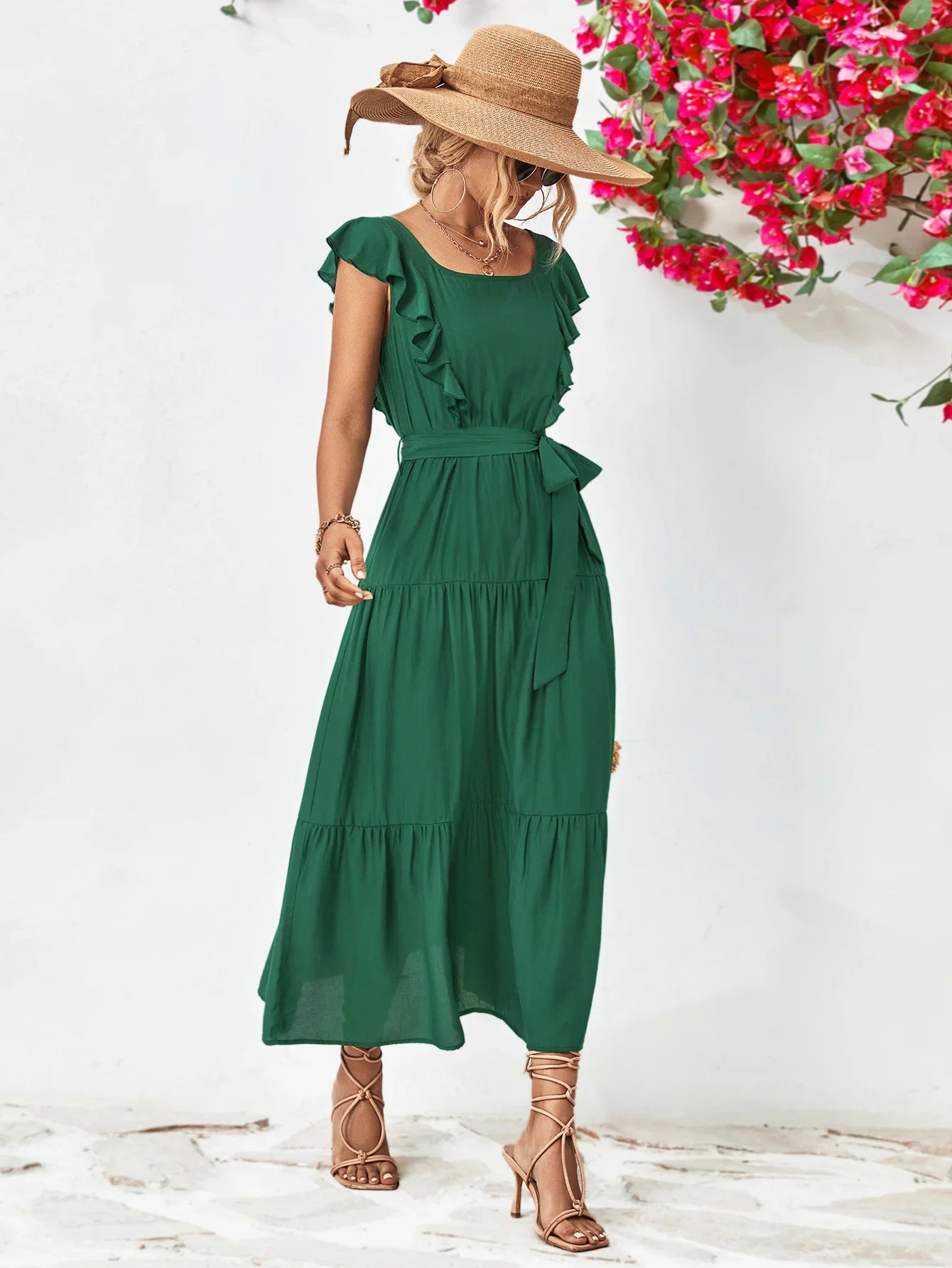 Tie Belt Ruffled Tiered Dress - Southern Shores Clothing
