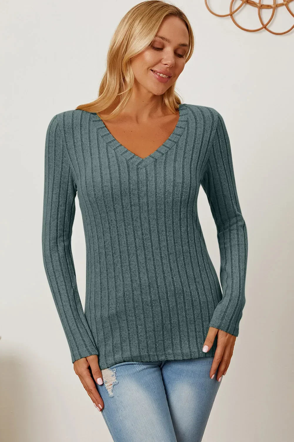 Classic Ribbed V-Neck Long Sleeve Knit Tee Top - Southern Shores Clothing