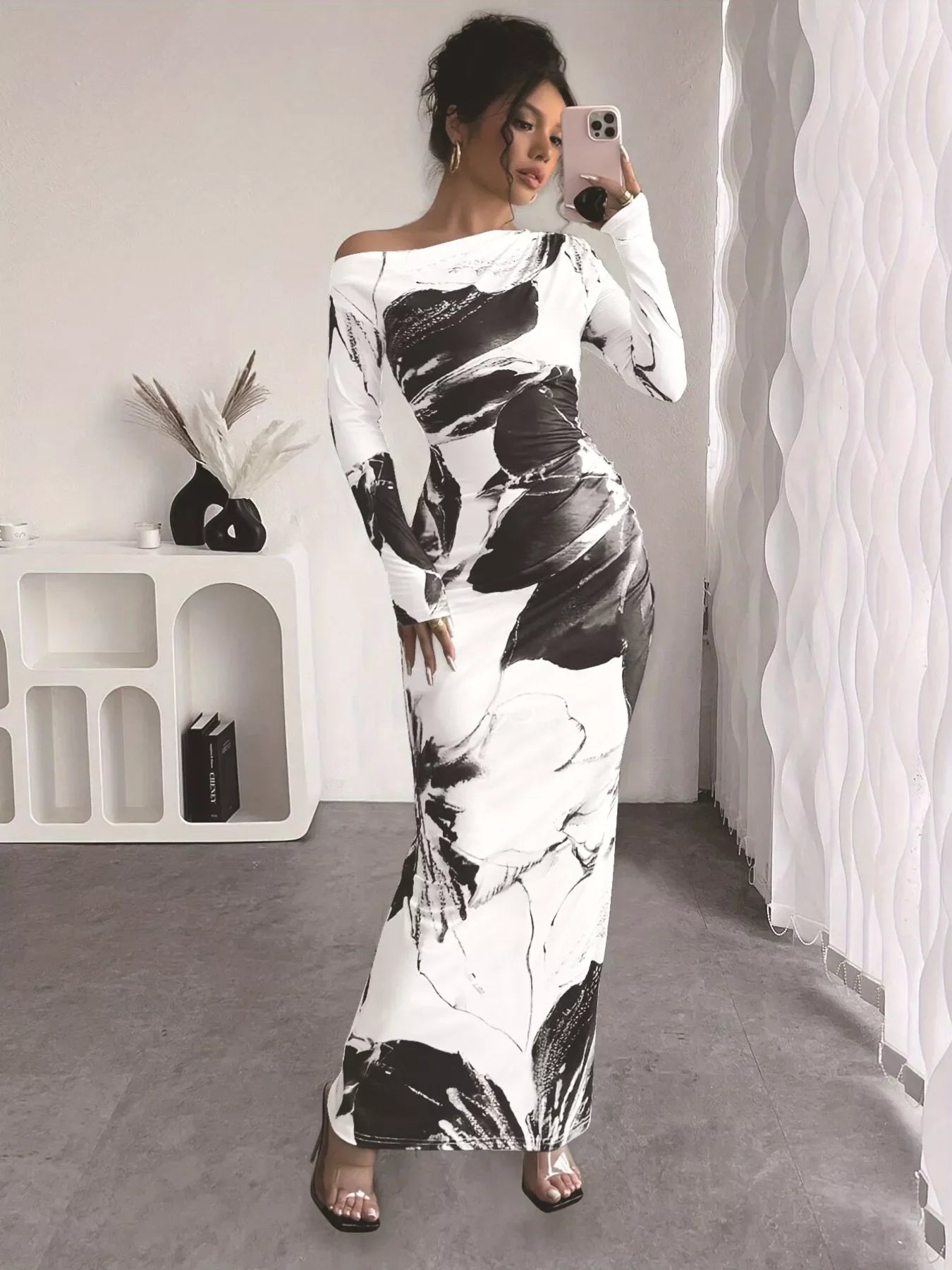 Floral One Shoulder Long Sleeve Maxi Dress - Southern Shores Clothing