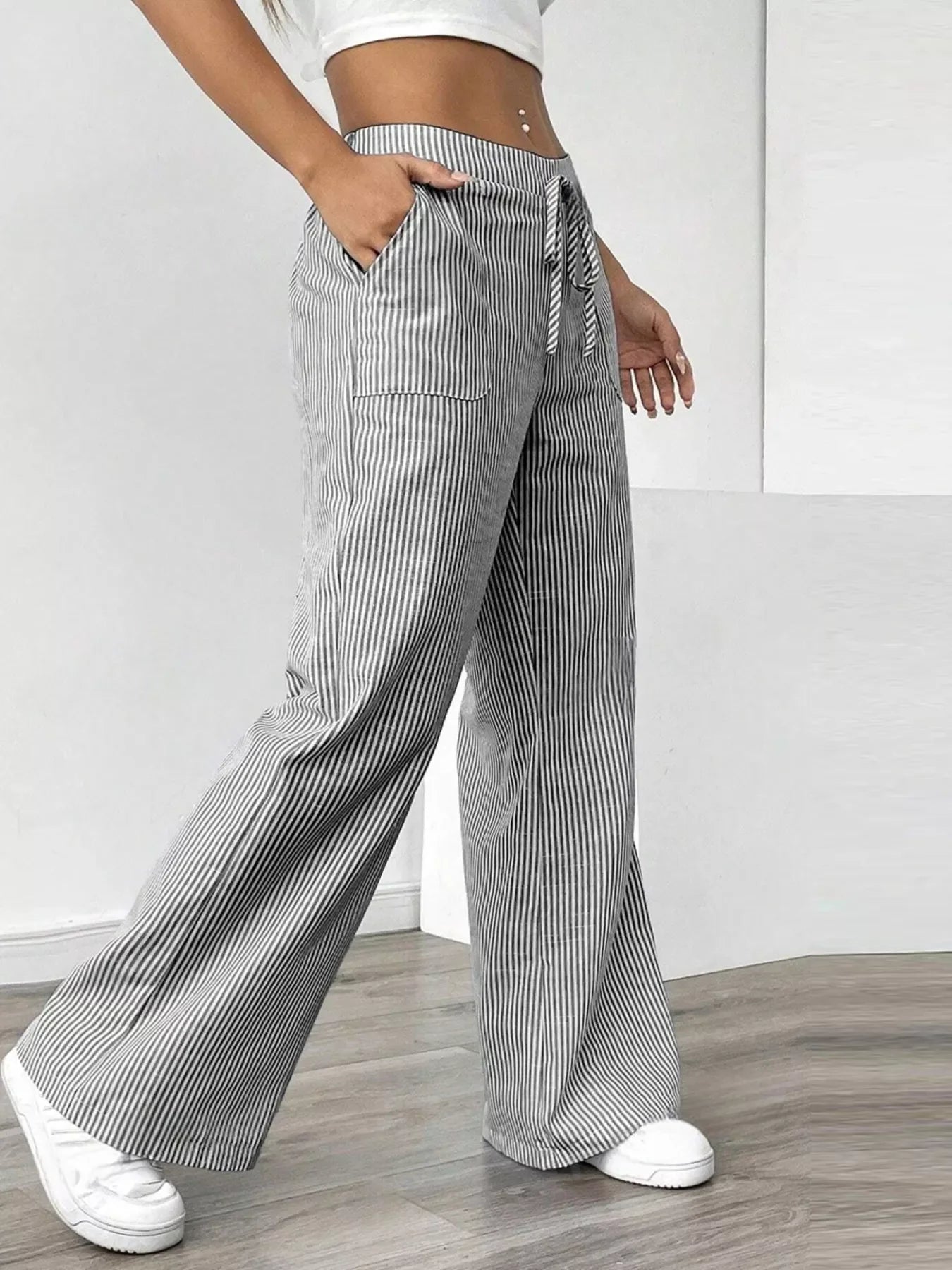 Striped Wide Leg Pocketed Casual Pants For Everyday Wear - Southern Shores Clothing