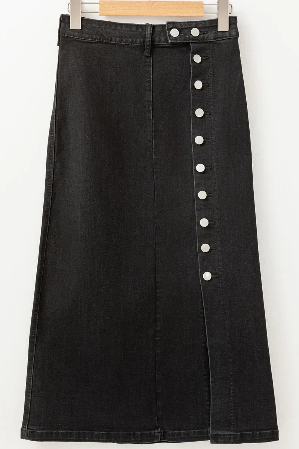 Button Fly Denim Midi Skirt With Side Split - Southern Shores Clothing