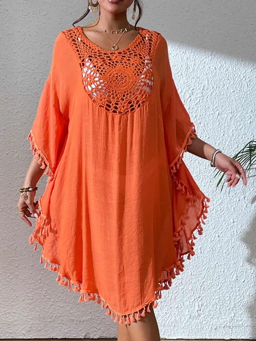 Tassel Cutout Scoop Neck Cover Up Dress One Size - Southern Shores Clothing