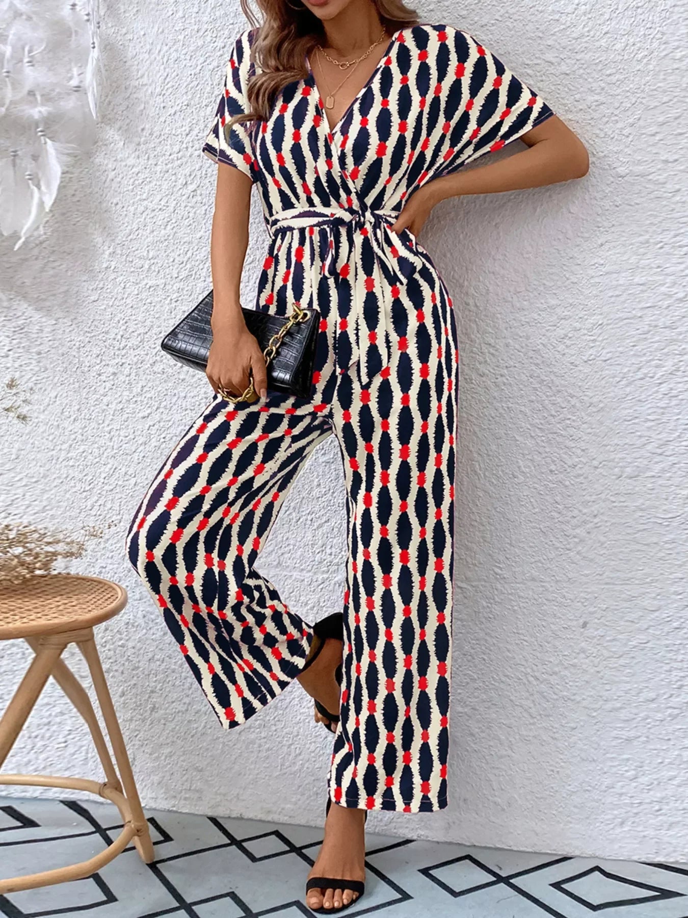 Printed Surplice Tie Waist Short Sleeve Jumpsuit - Southern Shores Clothing