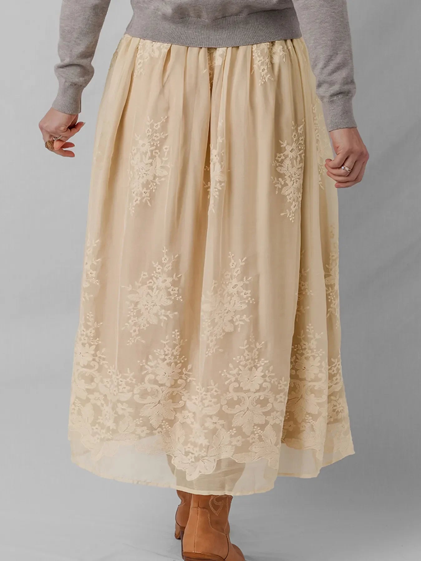 Flowing Embroidered Mesh Overlay Midi Skirt - Southern Shores Clothing