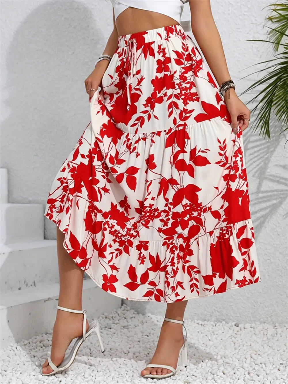 Lightweight Printed Midi Skirt With Ruffled Hem - Southern Shores Clothing