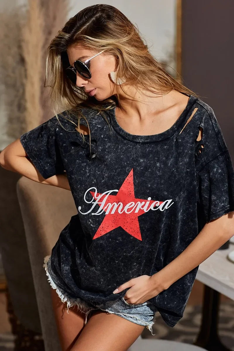 Laser Cut Mineral Washed Jersey T Shirt Americana Design - Southern Shores Clothing