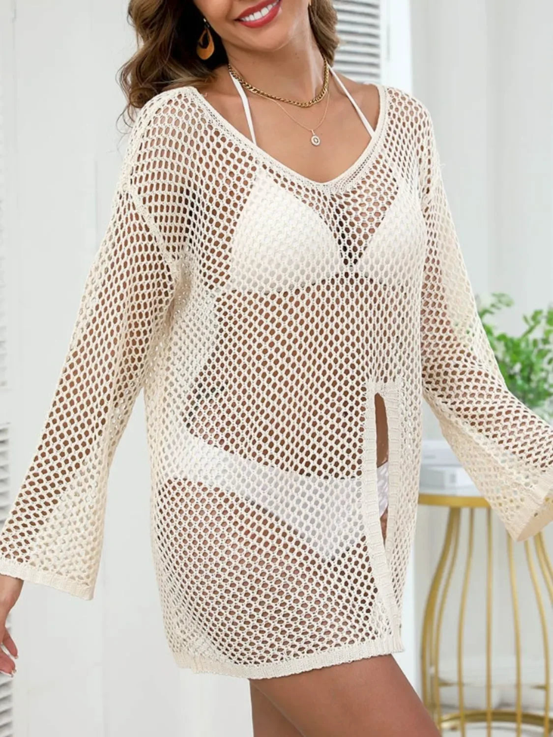 Openwork V-Neck Slit Swim Cover-Up One Size - Southern Shores Clothing