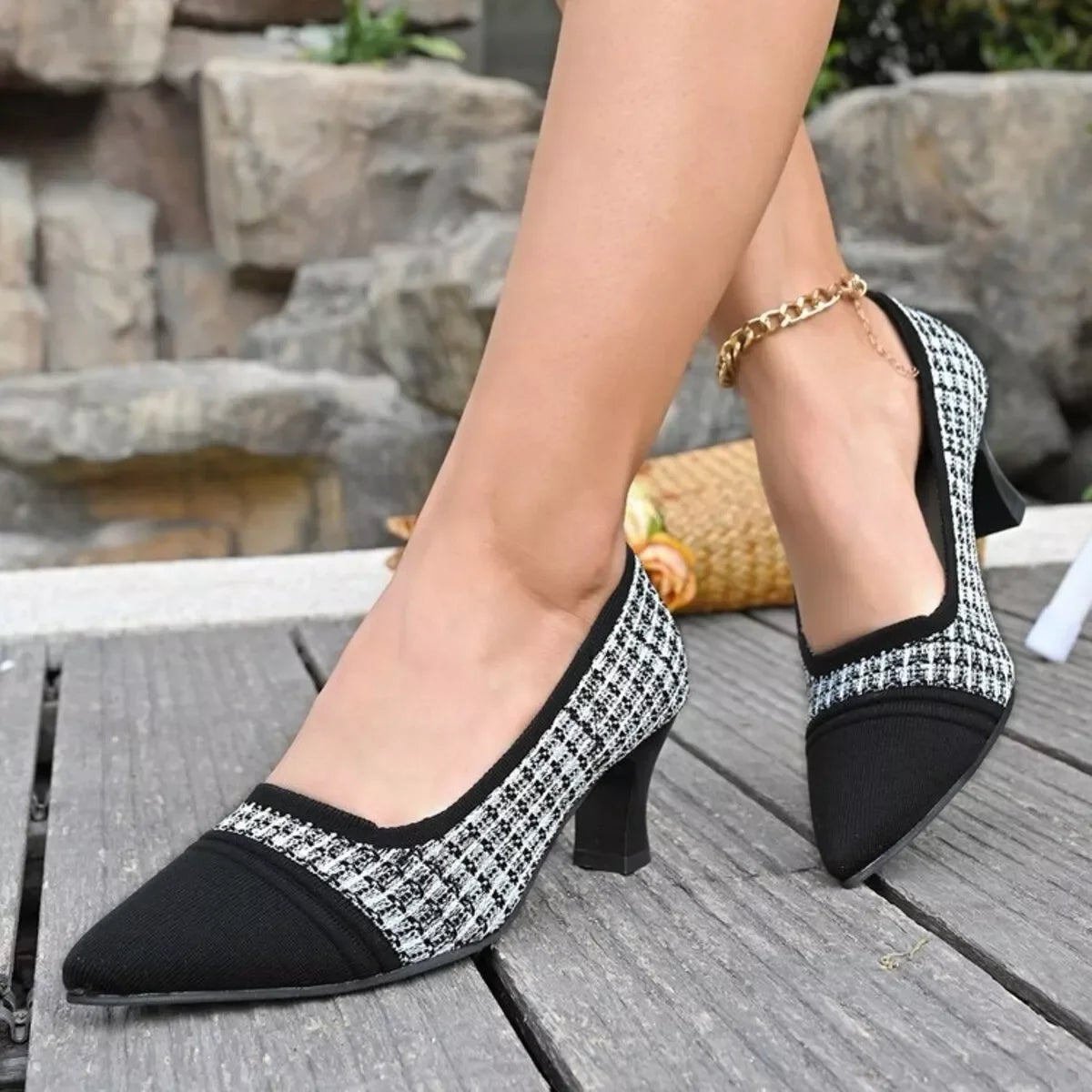 Point Toe Block Heel Pumps With Mesh Leather And Rubber - Southern Shores Clothing