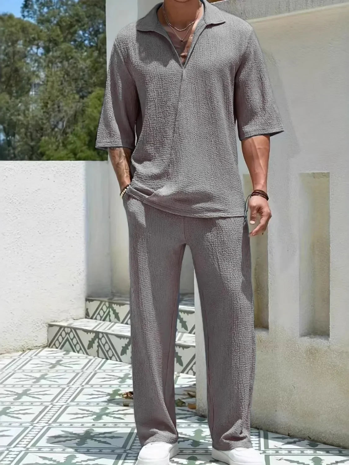 Men's Johnny Collar Half Sleeve Top and Pants Set - Southern Shores Clothing