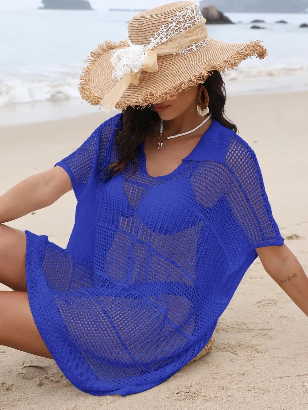 One Size Sheer Hollow Out Collared Neck Cover Up - Southern Shores Clothing