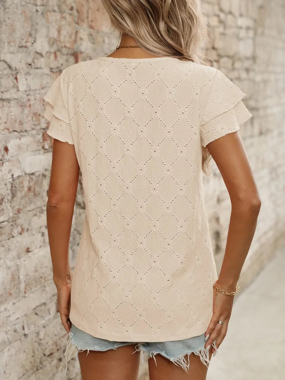 Eyelet Round Neck Ruffled Short Sleeve Top - Southern Shores Clothing