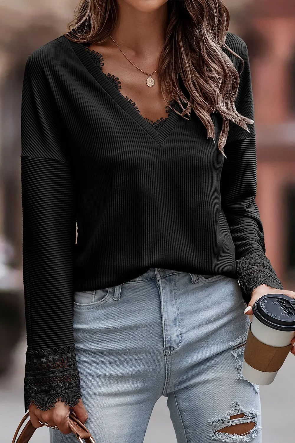 Lace Detail V-Neck Long Sleeve T-Shirt Top - Southern Shores Clothing