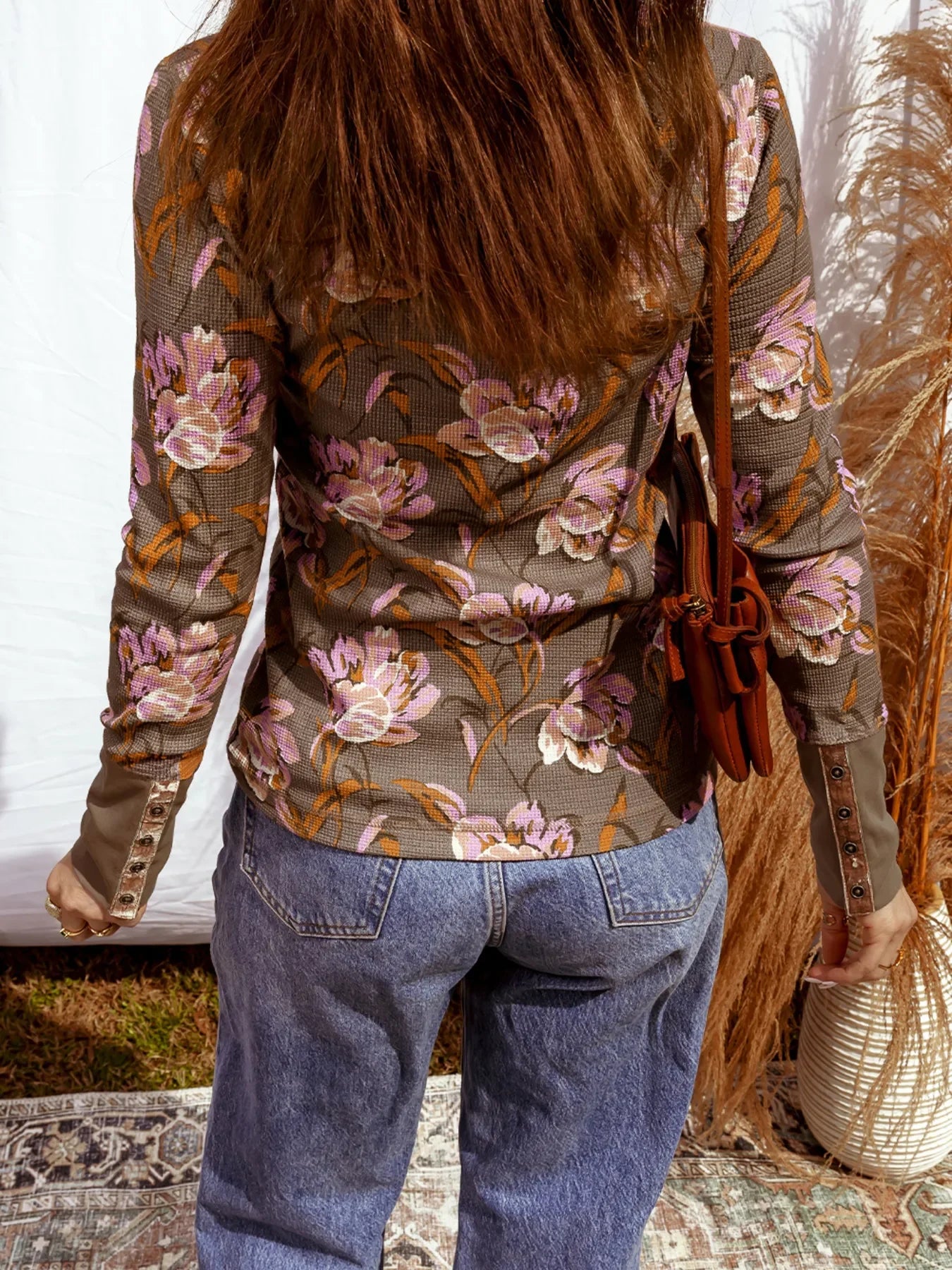 Floral Print Waffle Textured Long Sleeve Top - Southern Shores Clothing