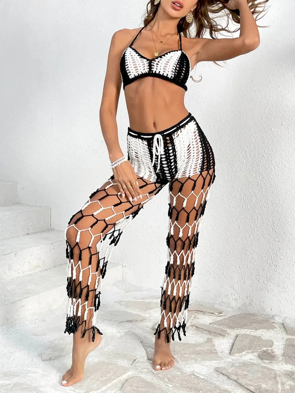 Cutout Crochet Halter Top And Netted Pants Two-Piece Swim Set - Southern Shores Clothing