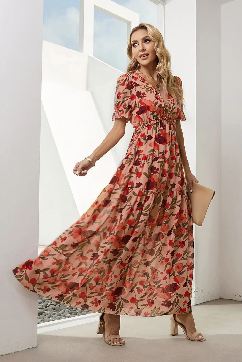 Floral V Neck Short Flounce Sleeve Maxi Dress - Southern Shores Clothing