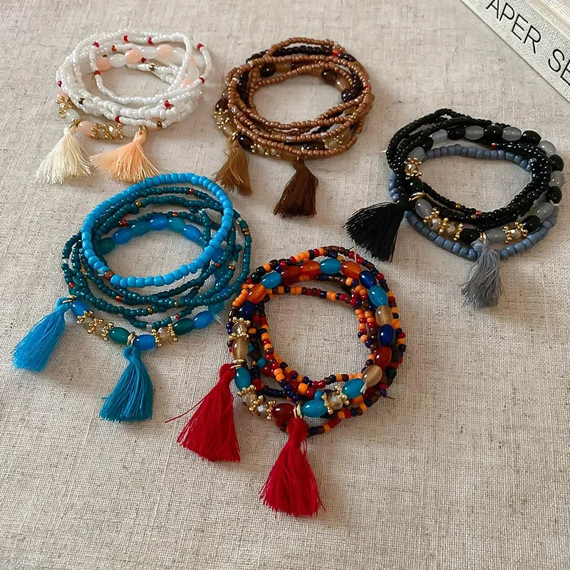 Multi Strand Boho Tassel Rice Bead Bracelet With Layered Beads - Southern Shores Clothing