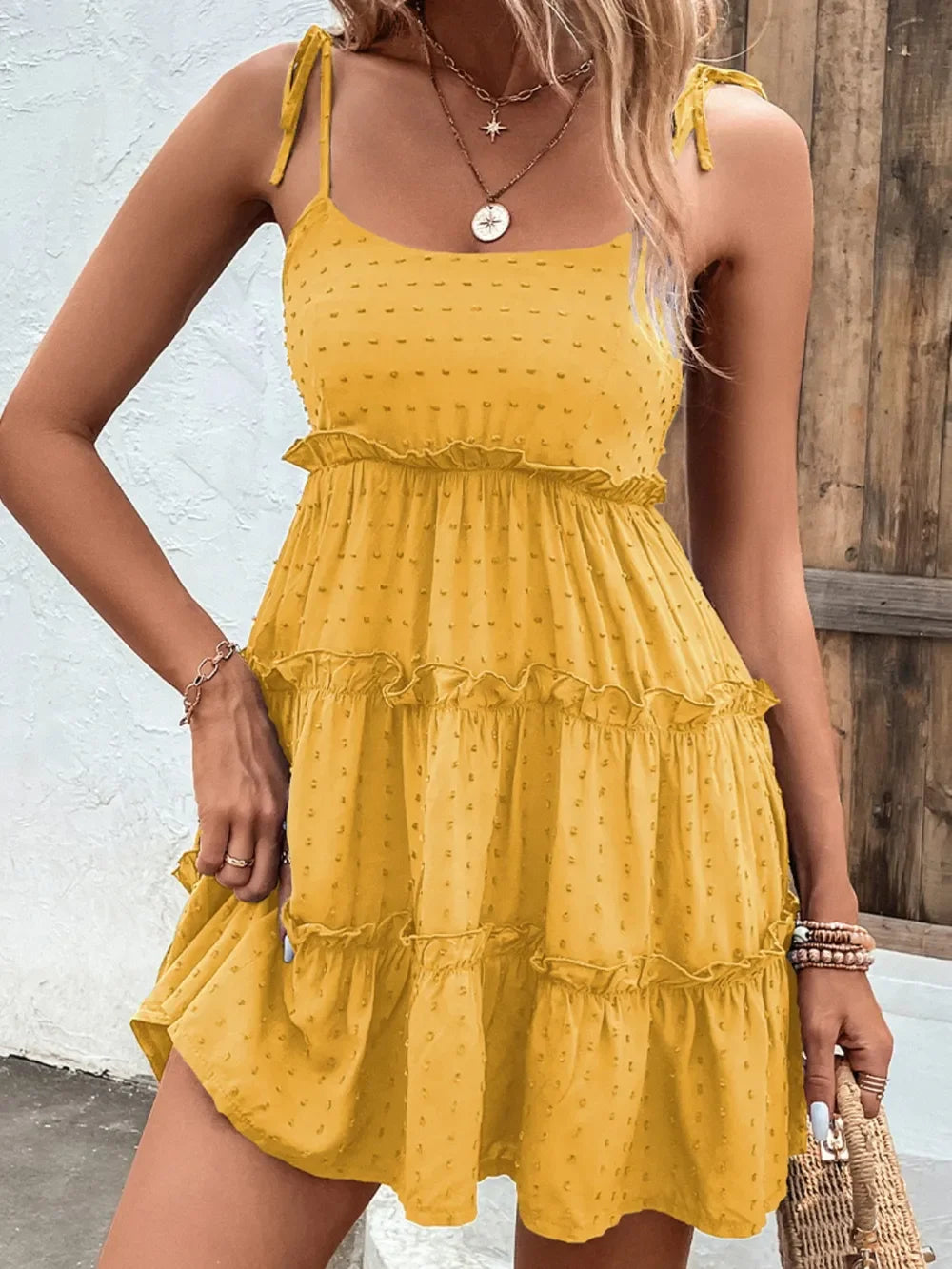 Shiny Frill Spaghetti Strap Tiered Dress - Southern Shores Clothing