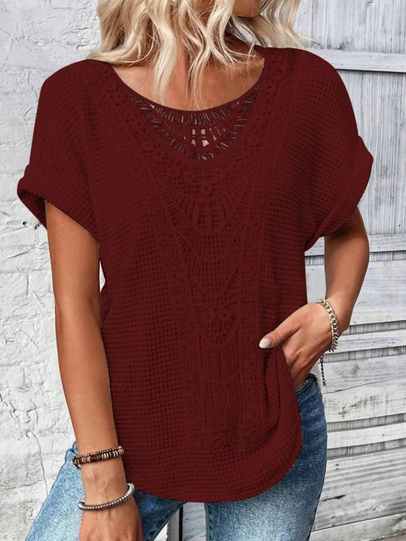 Crochet Lace Short Sleeve T Shirt Casual - Southern Shores Clothing