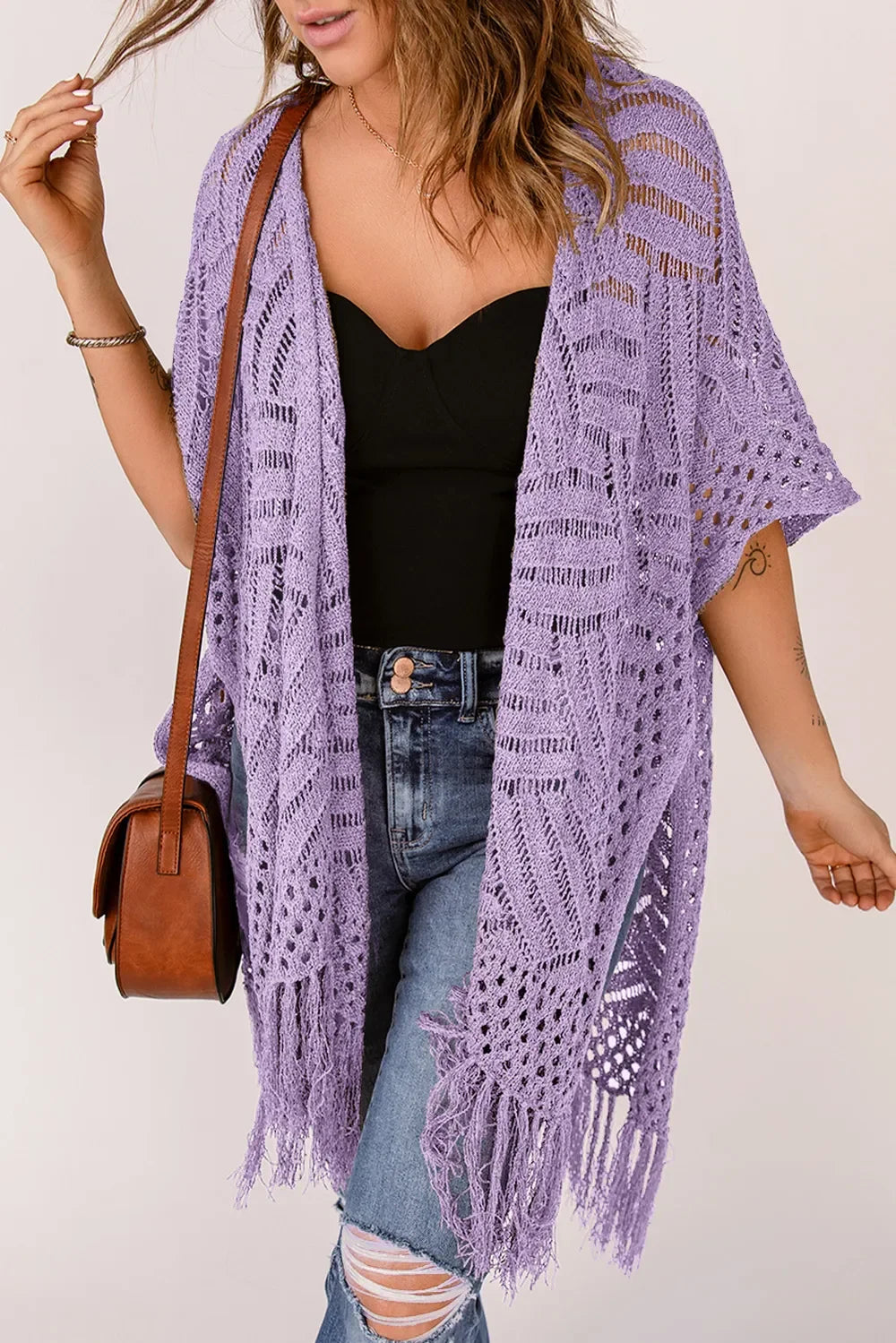 Lightweight Openwork Fringed Cardigan With Open Front - Southern Shores Clothing