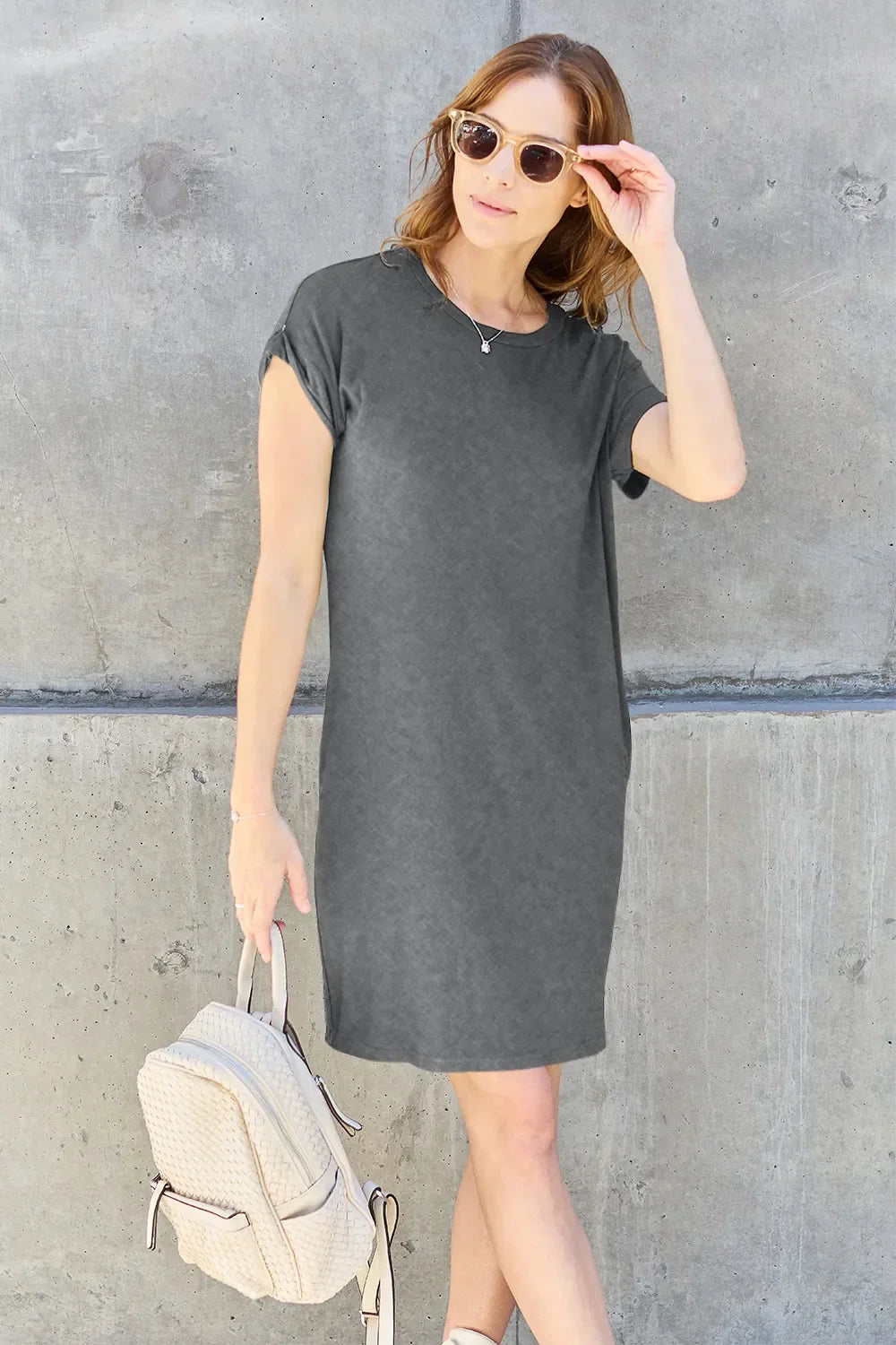 Round Neck Short Sleeve Dress With Pockets - Southern Shores Clothing