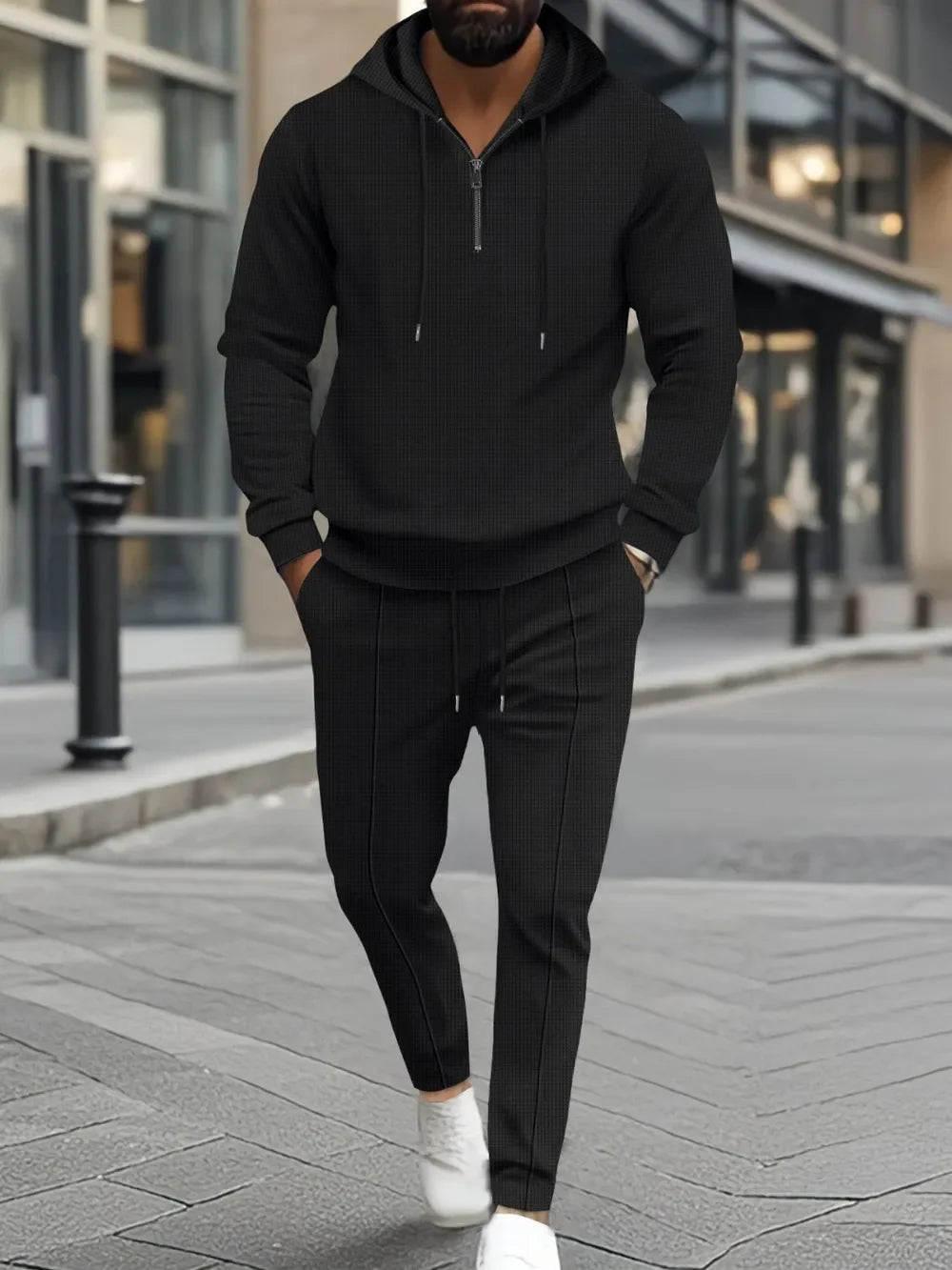 Men's Full Size Waffle-Knit Half Zipper Hoodie and Pants Set Plus Size - Southern Shores Clothing
