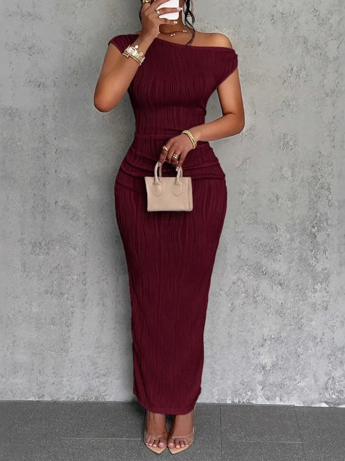 Textured Single Shoulder Bodycon Maxi Dress - Southern Shores Clothing