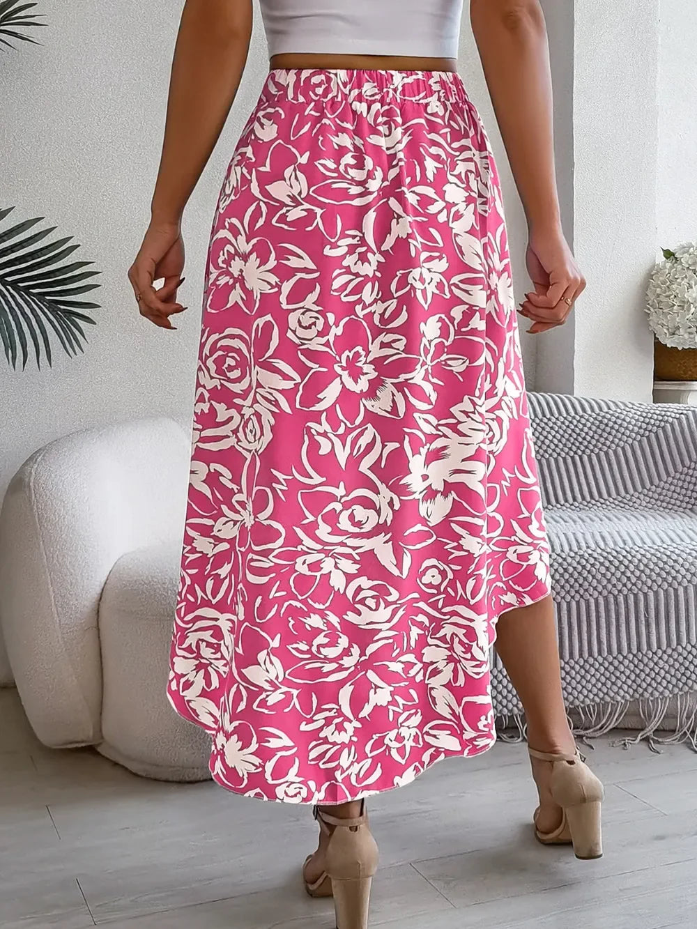Printed High-Waist Skirt With High-Low Hem - Southern Shores Clothing