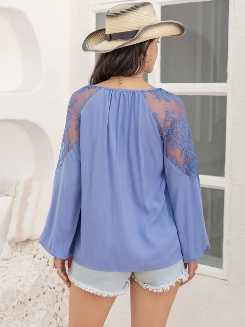 Viscose Lace Detail Tie Neck Balloon Sleeve Blouse - Southern Shores Clothing