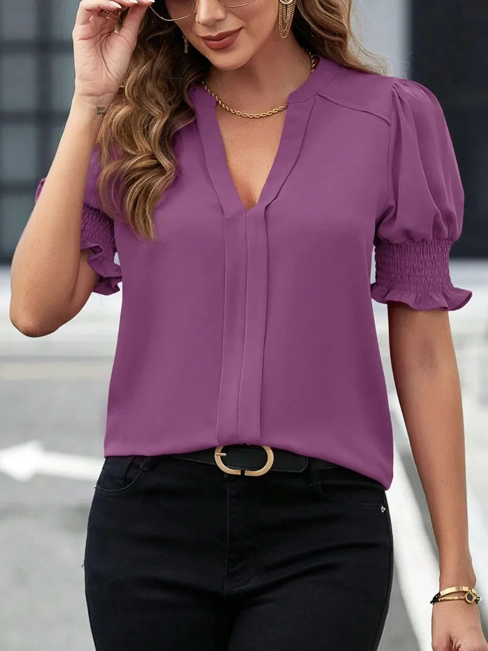 Southern Shores Clothing Notched Short Sleeve Polyester Blouse For Everyday Comfort And Style - Southern Shores Clothing
