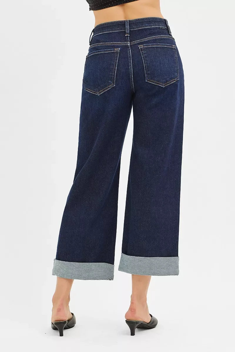 Mid Rise Ankle Wide Leg Roll Up Denim Jeans - Southern Shores Clothing