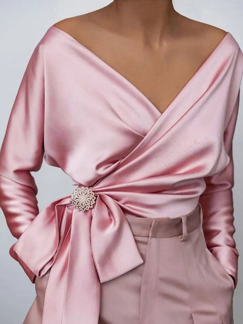 Southern Shores Clothing Surplice Long Sleeve Blouse With Tied Bow In 95% Polyester - Southern Shores Clothing