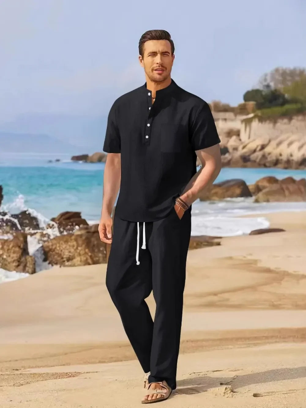 Men's Full Size Half Button Top and Drawstring Pants Set Plus Size - Southern Shores Clothing