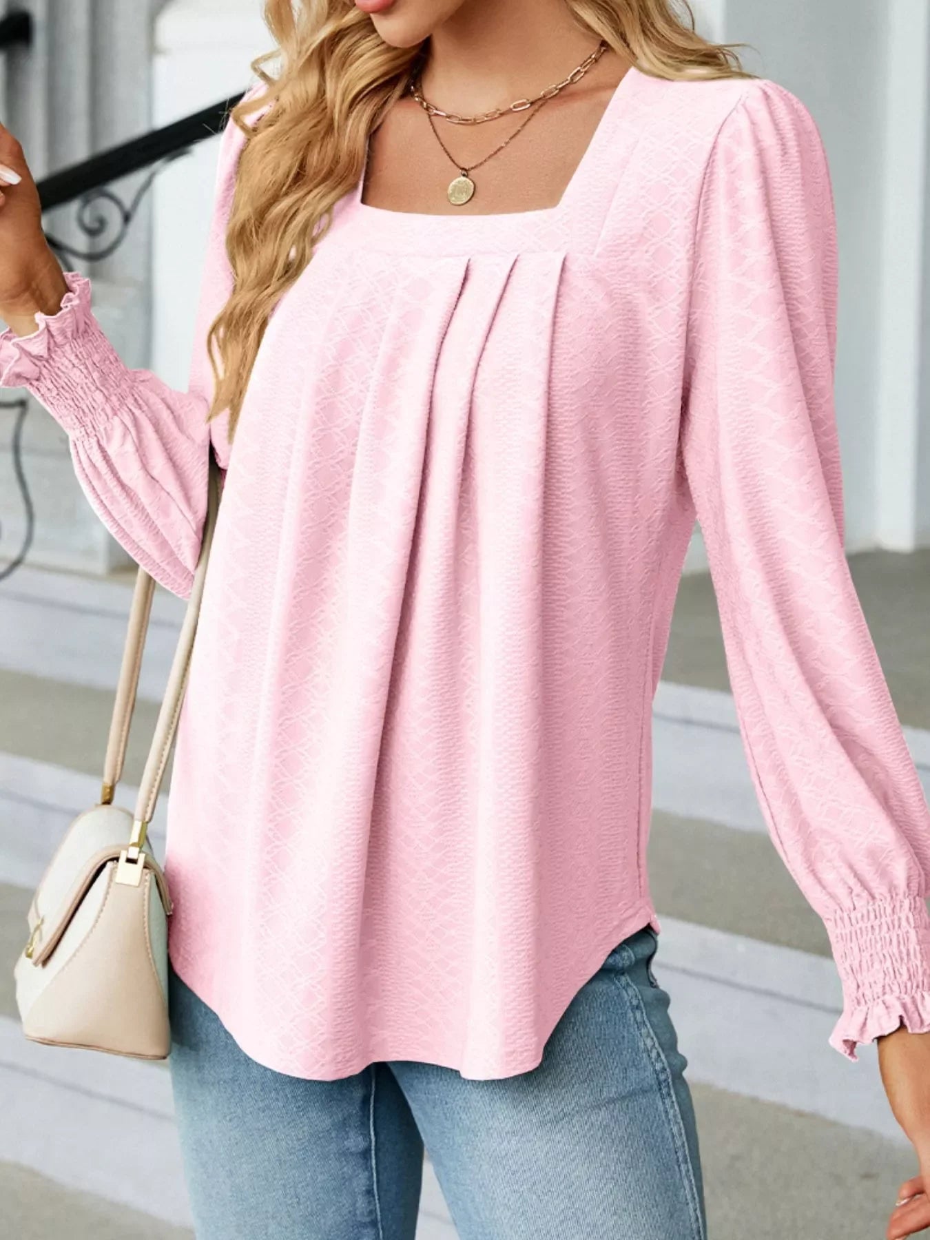 Pleated Square Neck Long Sleeve Top - Southern Shores Clothing