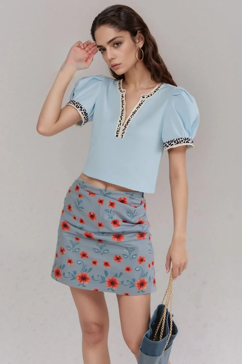 Contrast Leopard Trim Split Neck Puff Sleeve Blouse - Southern Shores Clothing