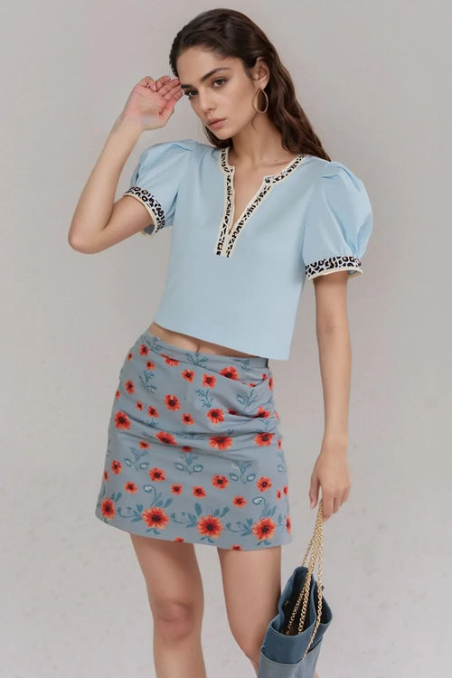 Contrast Leopard Trim Split Neck Puff Sleeve Blouse - Southern Shores Clothing