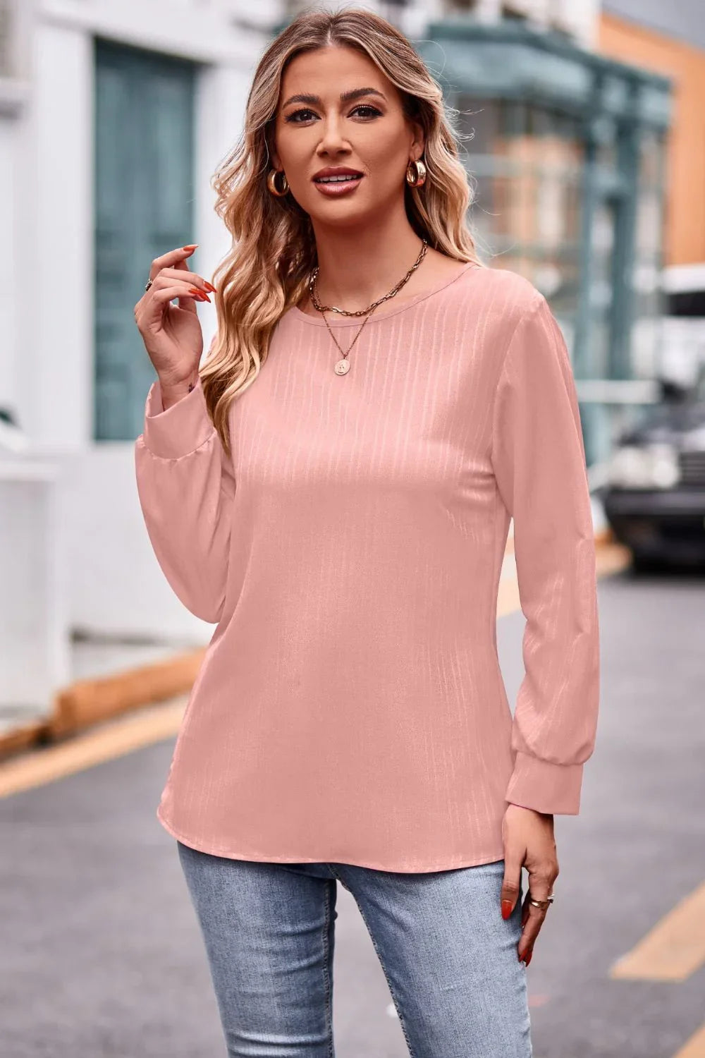 Round Neck Long Sleeve Tee Solid Polyester Top - Southern Shores Clothing