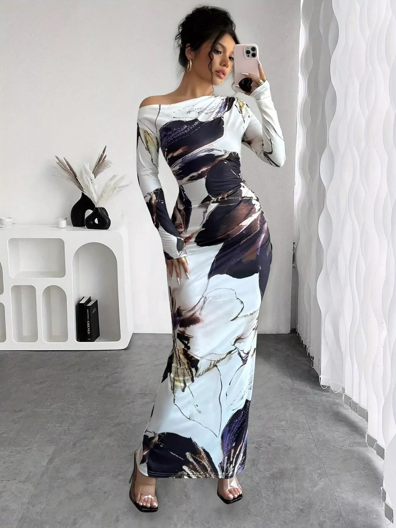 Floral One Shoulder Long Sleeve Maxi Dress - Southern Shores Clothing