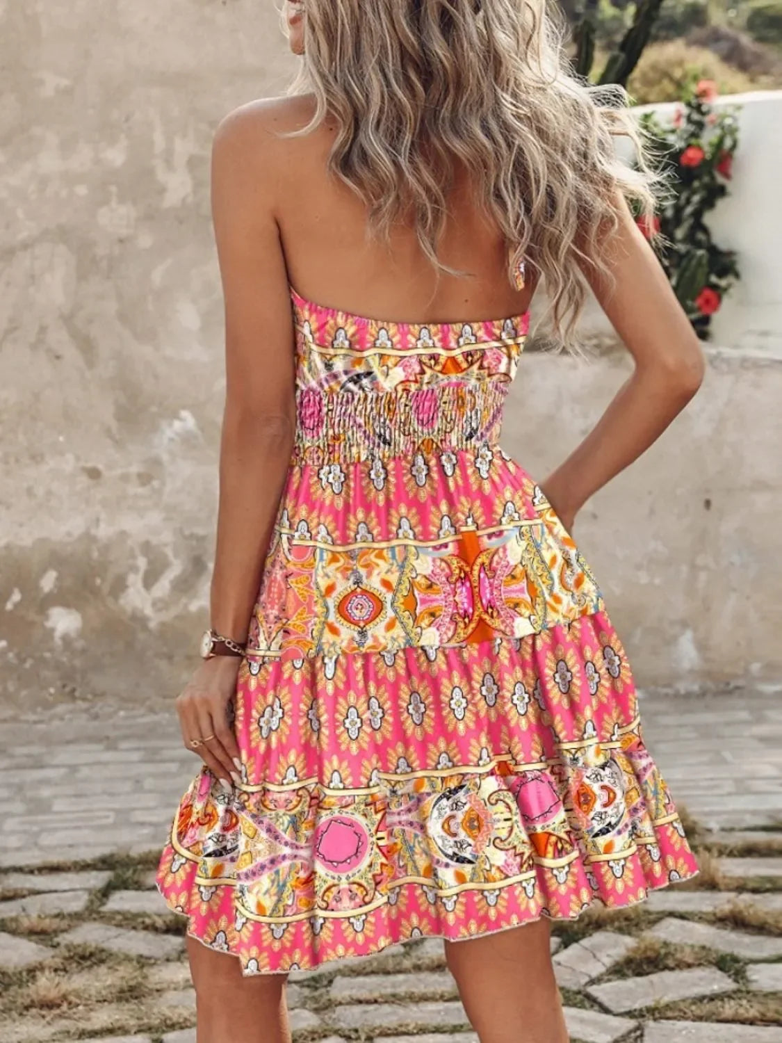 Ruffled Smocked Paisley Print Halter Neck Mini Dress Boho - Southern Shores Clothing