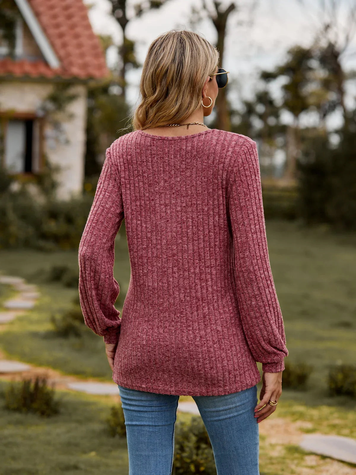 Stretchy Heathered Round Neck Button-Down Long Sleeve Tee - Southern Shores Clothing