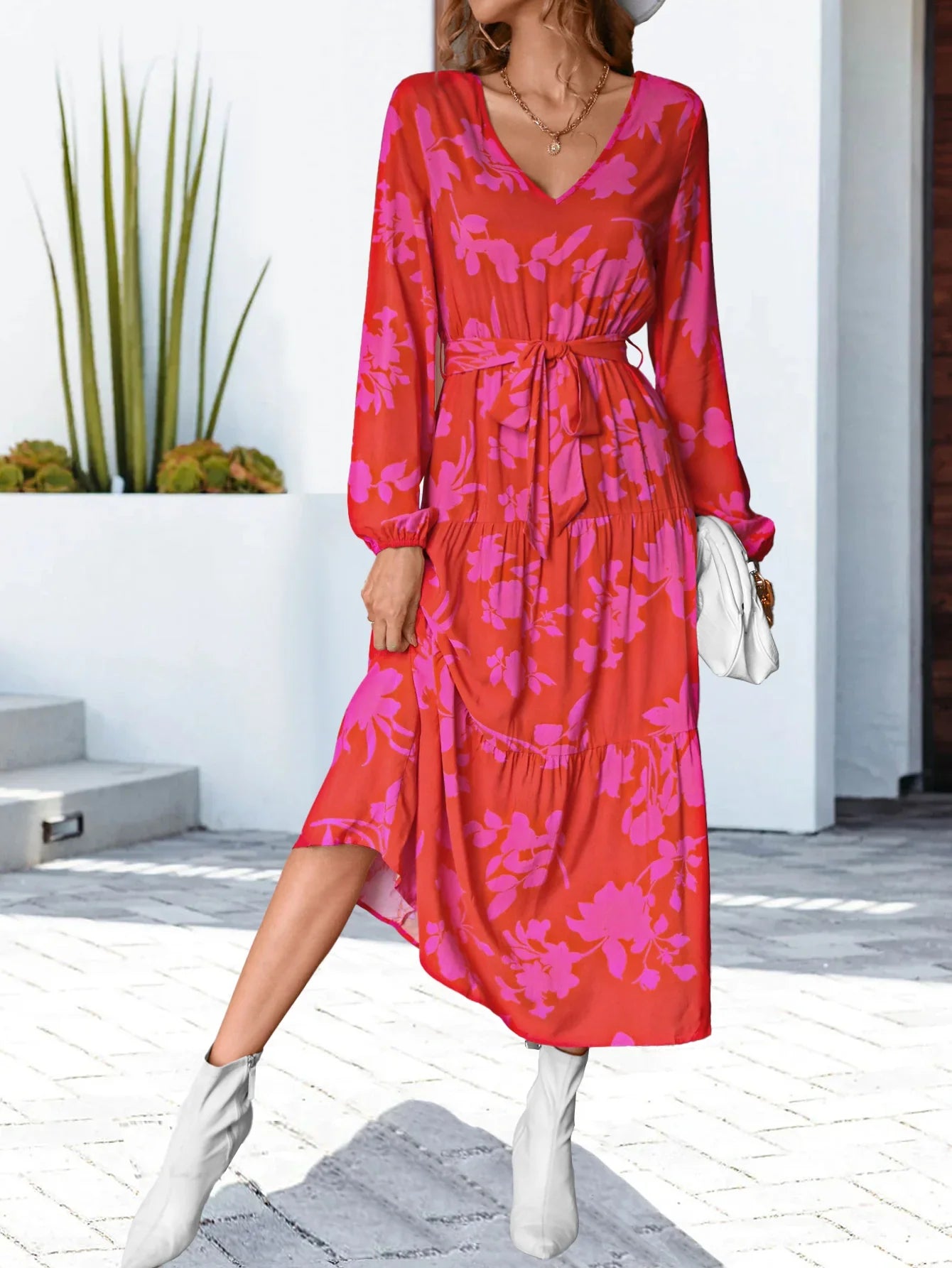 Floral V-Neck Long Sleeve Dress - Southern Shores Clothing