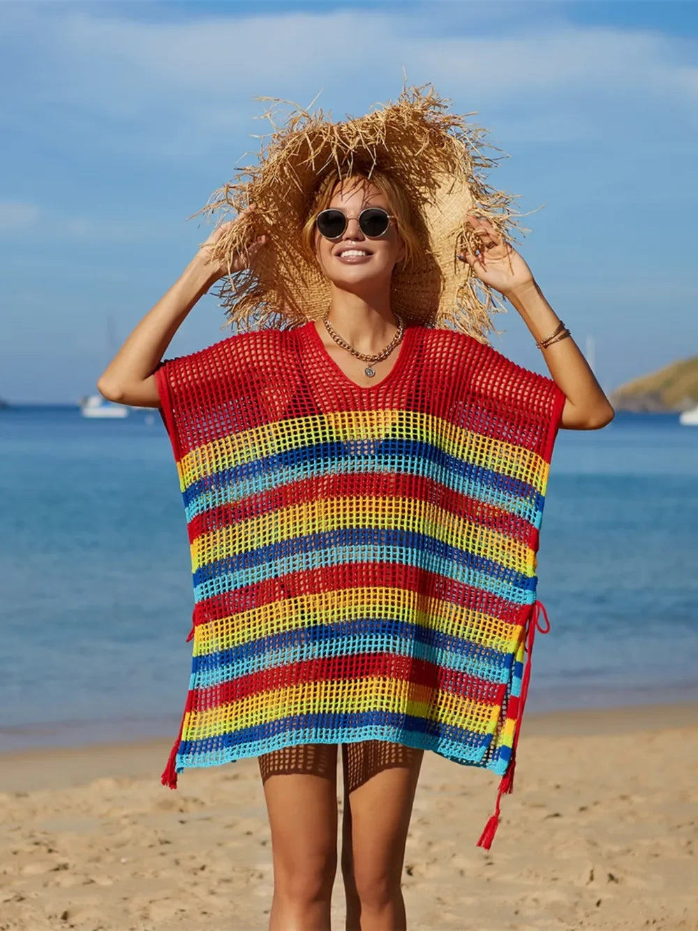 Angel Wings Striped Cutout Cover Up One Size Tassel - Southern Shores Clothing