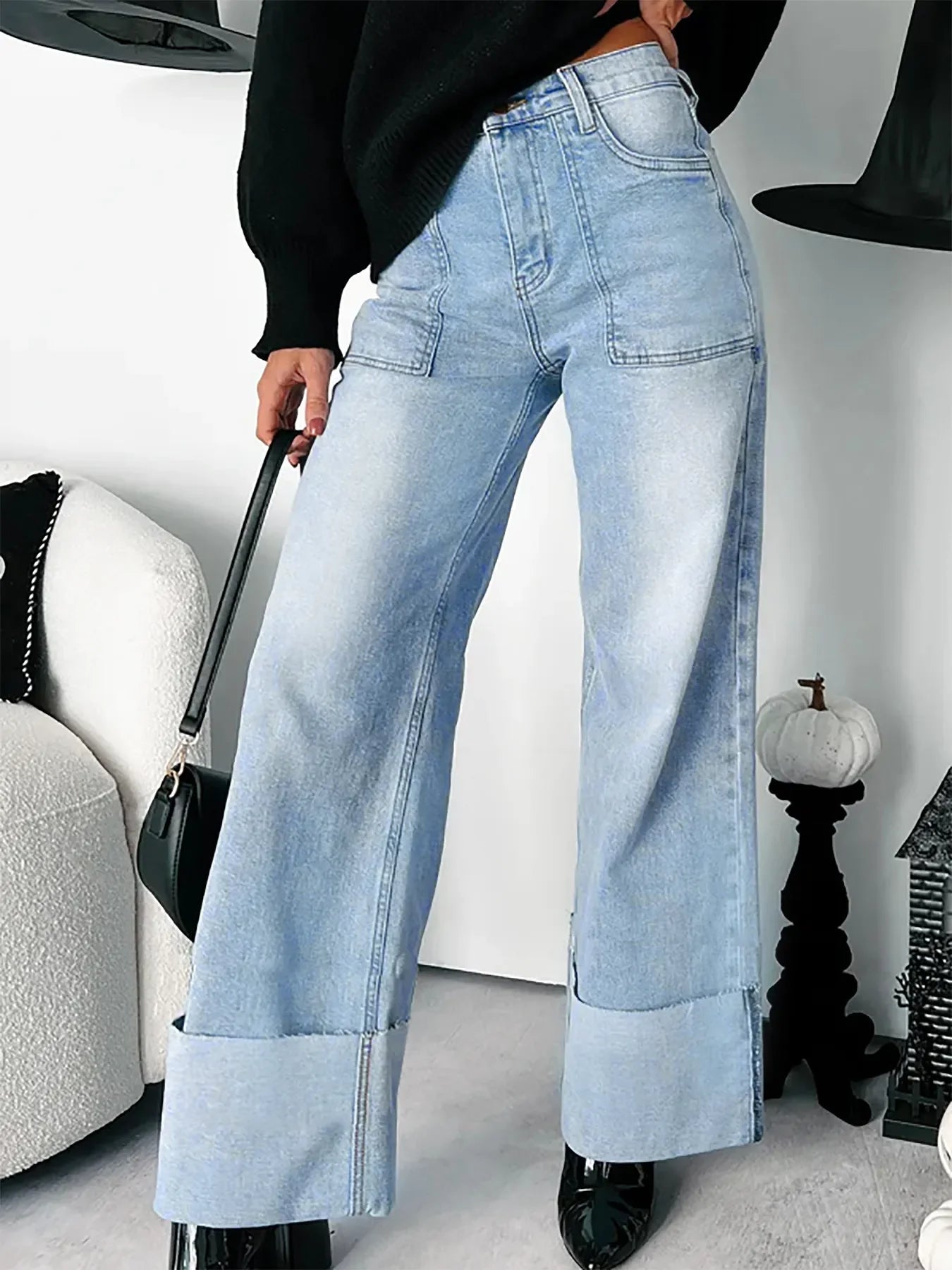 Coastal High Waisted Wide Leg Jeans With Cuffed Hem