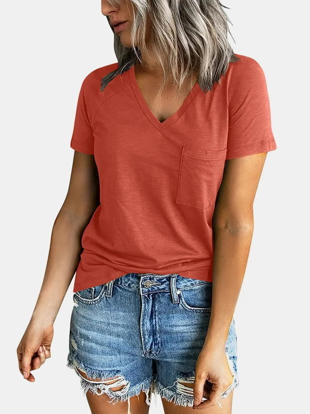 Pocketed V-Neck Short Sleeve T-Shirt - Southern Shores Clothing
