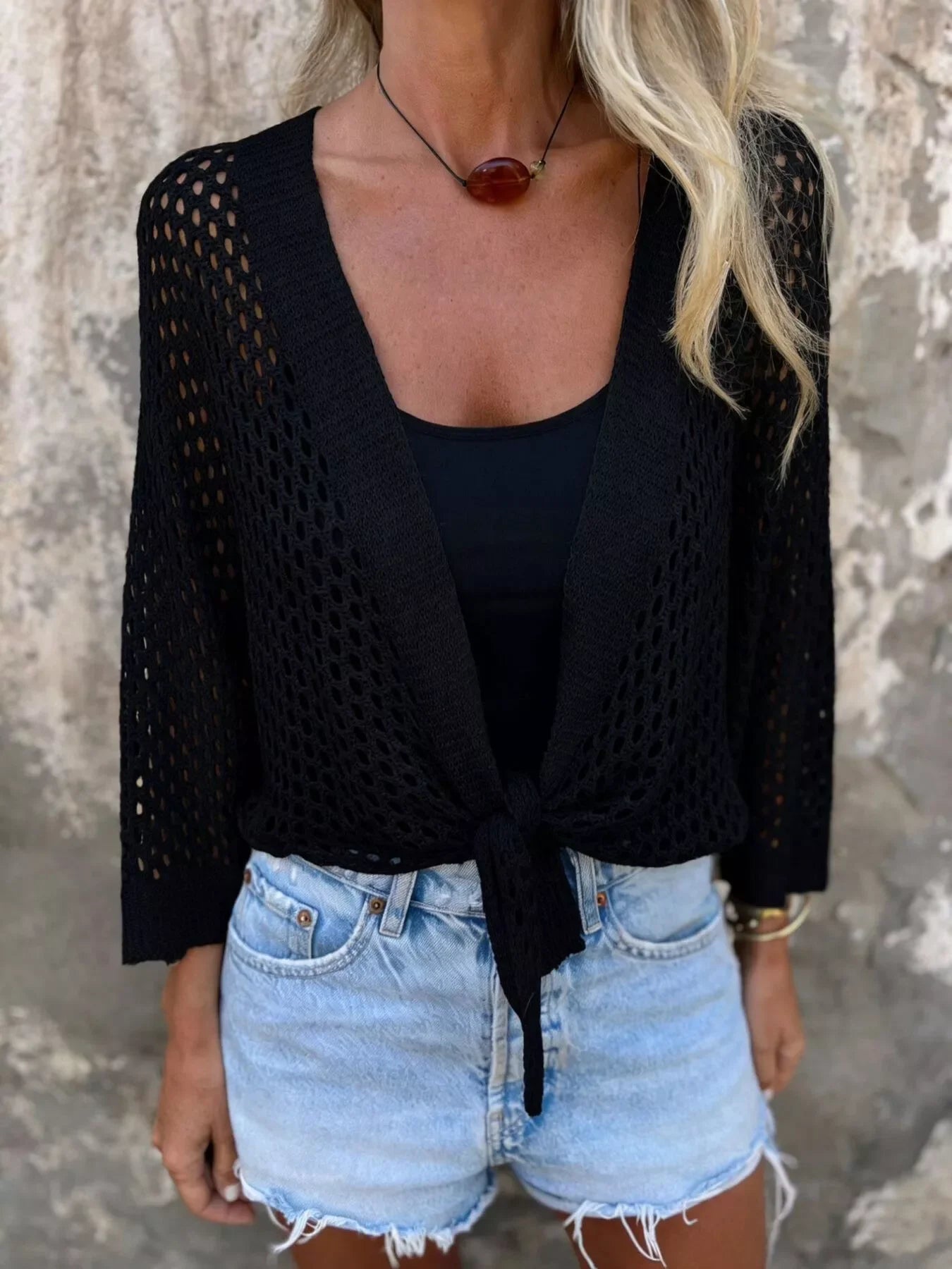 Tie-Front Crochet Knit Cover Up With Openwork Detailing - Southern Shores Clothing