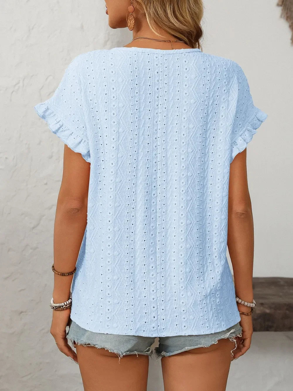 Eyelet Frill Round Neck Short Sleeve Top - Southern Shores Clothing