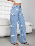 High Waist Wide Leg Denim Jeans With Coastal Bow Decor - Southern Shores Clothing
