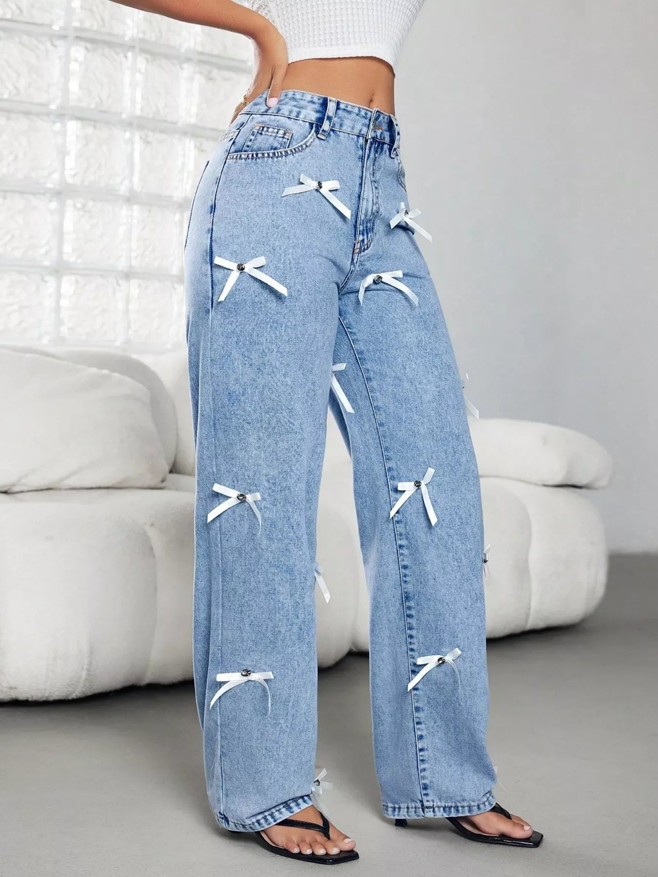 High Waist Wide Leg Denim Jeans With Coastal Bow Decor - Southern Shores Clothing
