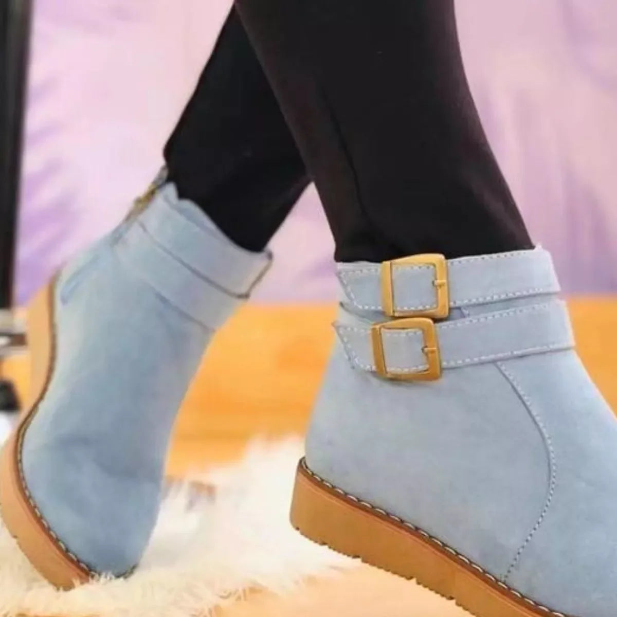 Buckle Accent Suede Ankle Boots With Rubber Sole - Southern Shores Clothing