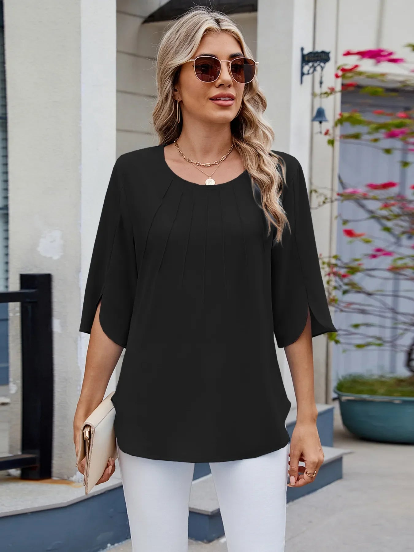 Casual Round Neck Half Sleeve Blouse For Everyday Wear - Southern Shores Clothing