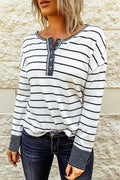 Striped Waffle Knit Henley Long Sleeve Top - Southern Shores Clothing
